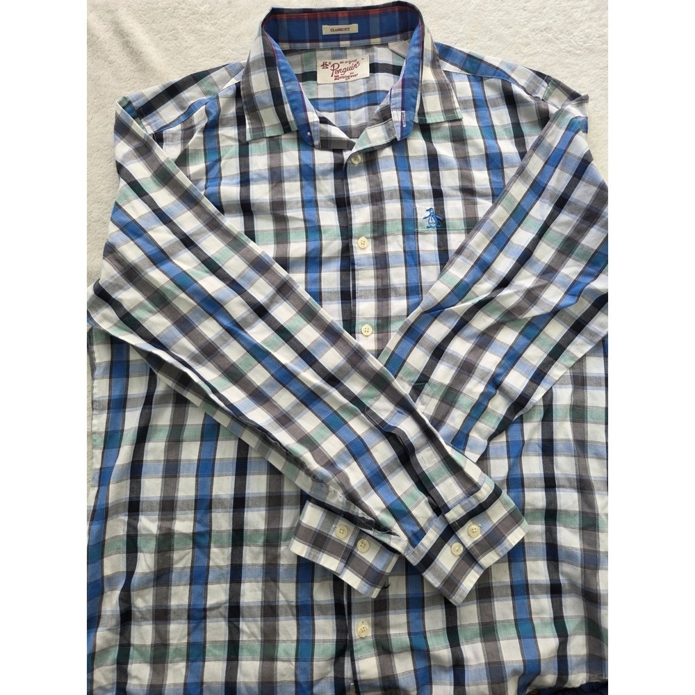Original Penguin Mens Large Plaid Button Down Shirt Blue Classic Fit  Casual